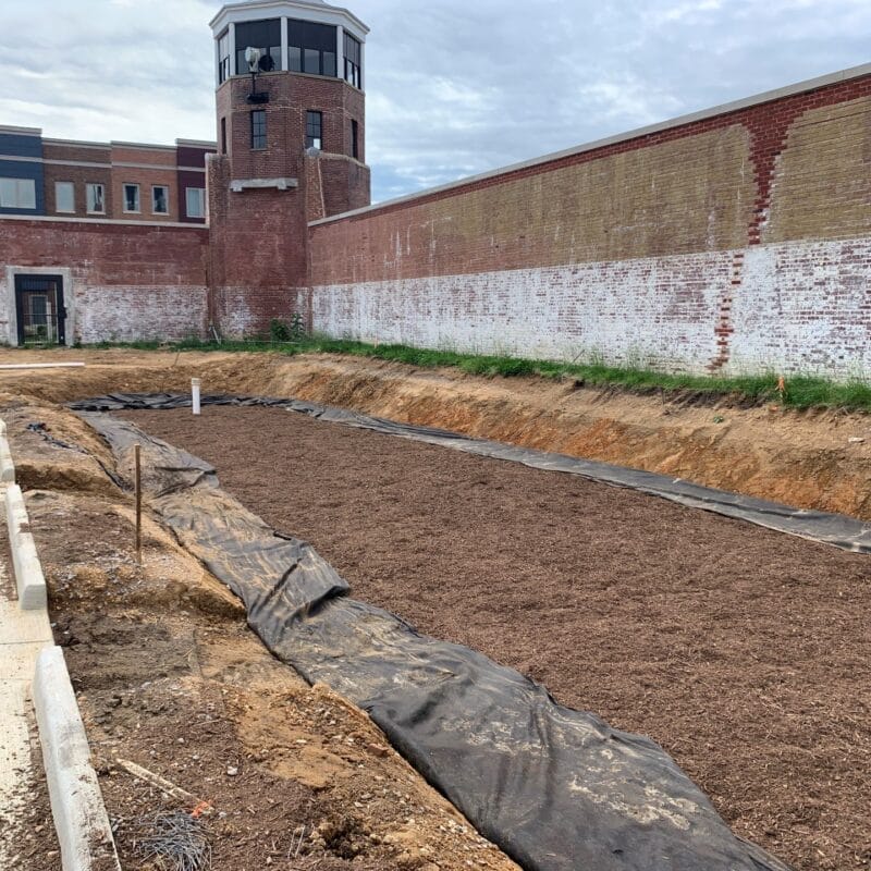 A stormwater or green infrastructure facility being built to maintain during the spring.